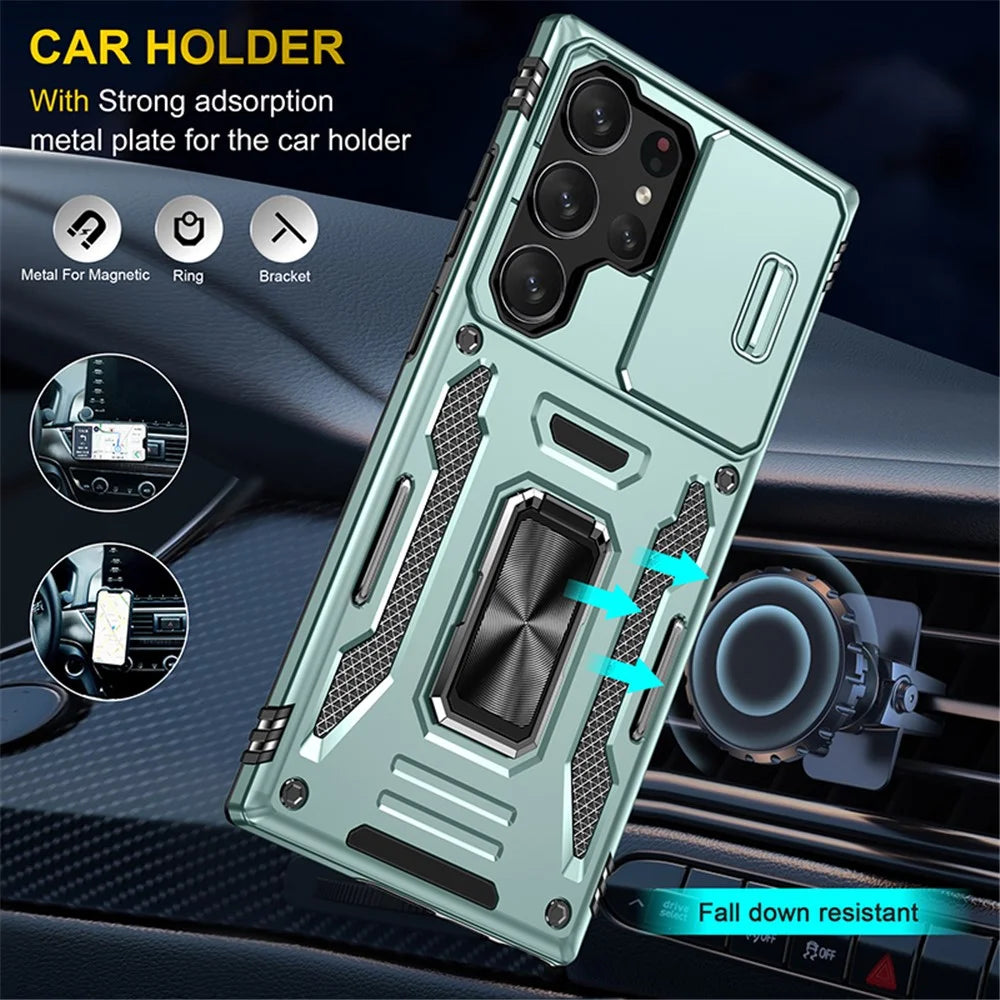 Armor Series for Samsung Galaxy S23 Ultra Protective Phone Case, Kickstand PC + TPU Hybrid Cover with Slide Camera Protector - Green - 6