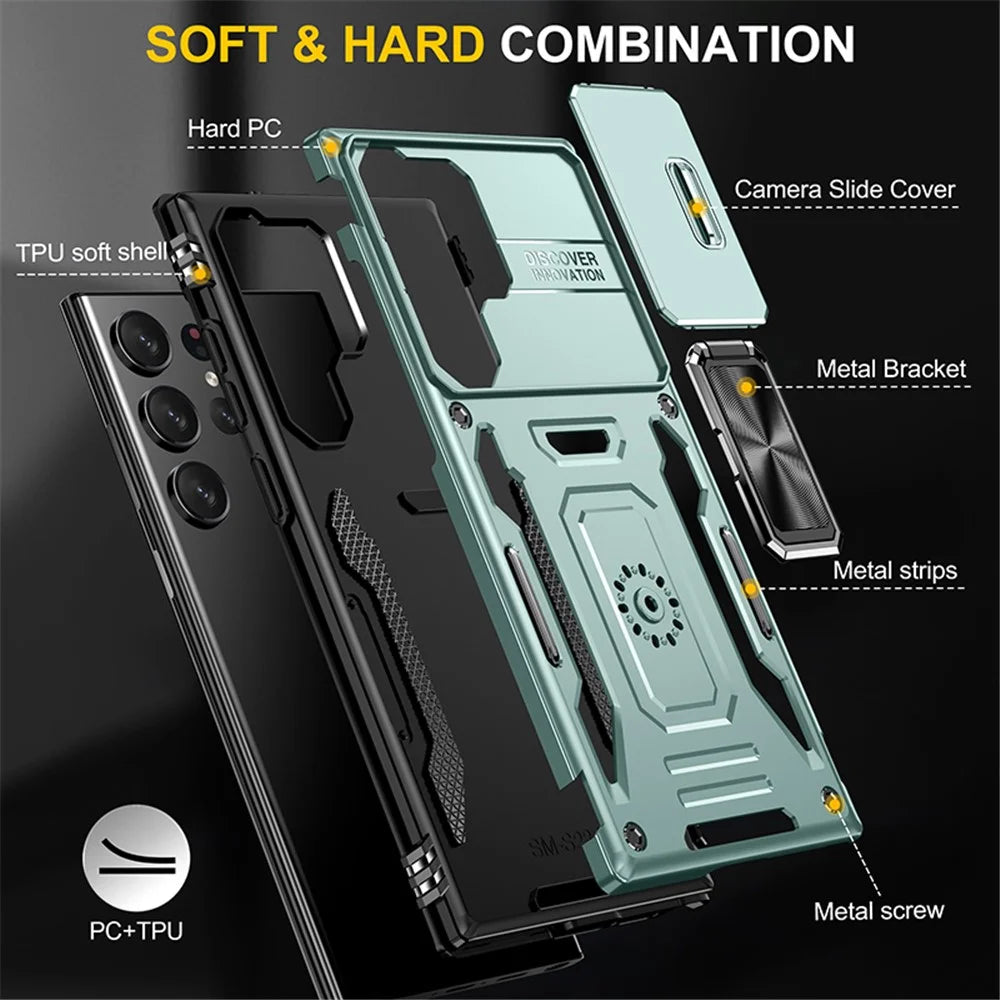 Armor Series for Samsung Galaxy S23 Ultra Protective Phone Case, Kickstand PC + TPU Hybrid Cover with Slide Camera Protector - Green - 7