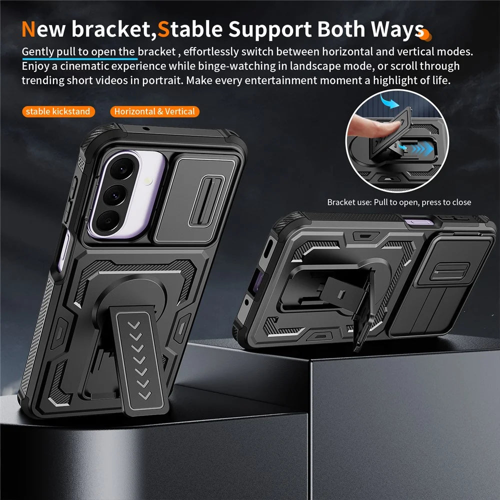 For Samsung Galaxy A27 5G Case Slide Lens Shield PC + TPU Kickstand Phone Cover - Black - 5