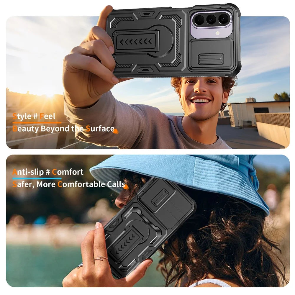 For Samsung Galaxy A27 5G Case Slide Lens Shield PC + TPU Kickstand Phone Cover - Black - 6