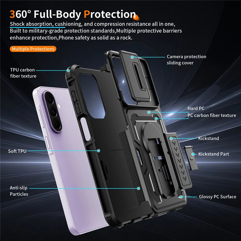 For Samsung Galaxy A27 5G Case Slide Lens Shield PC + TPU Kickstand Phone Cover - Black - 7