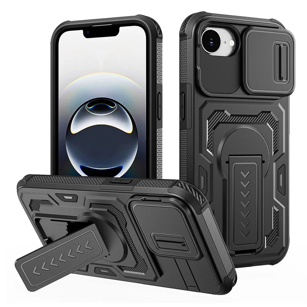 For iPhone 17e / 16e Case Slide Lens Shield PC + TPU Kickstand Phone Cover - Black - 1