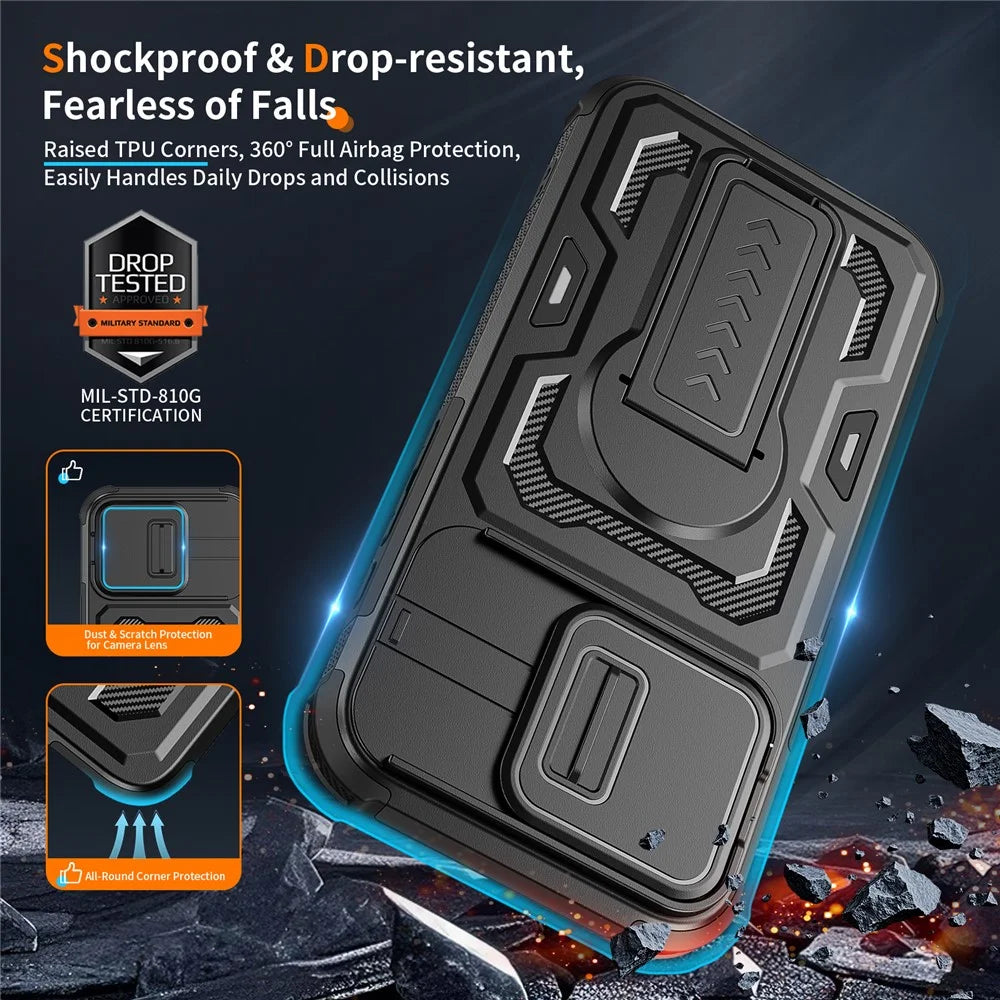 For iPhone 17e / 16e Case Slide Lens Shield PC + TPU Kickstand Phone Cover - Black - 2