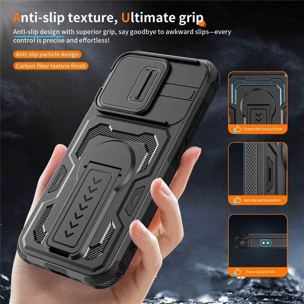 For iPhone 17e / 16e Case Slide Lens Shield PC + TPU Kickstand Phone Cover - Black - 3