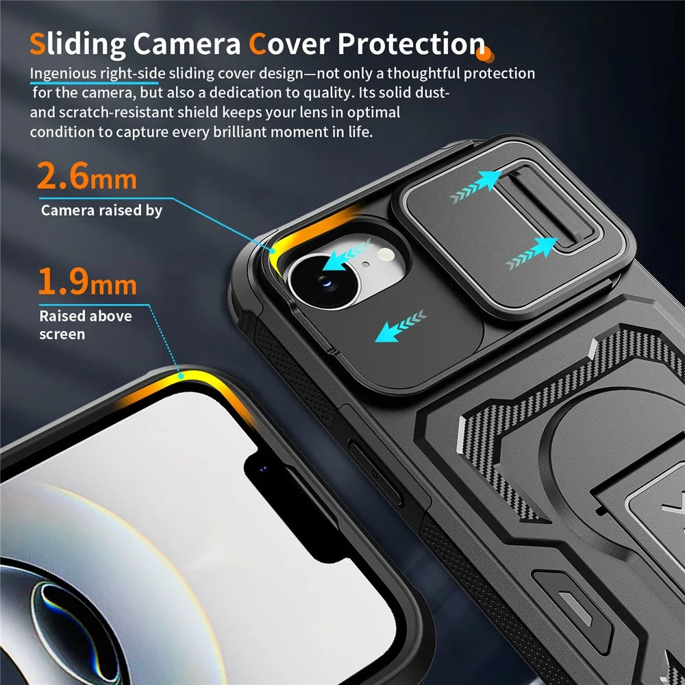 For iPhone 17e / 16e Case Slide Lens Shield PC + TPU Kickstand Phone Cover - Black - 4