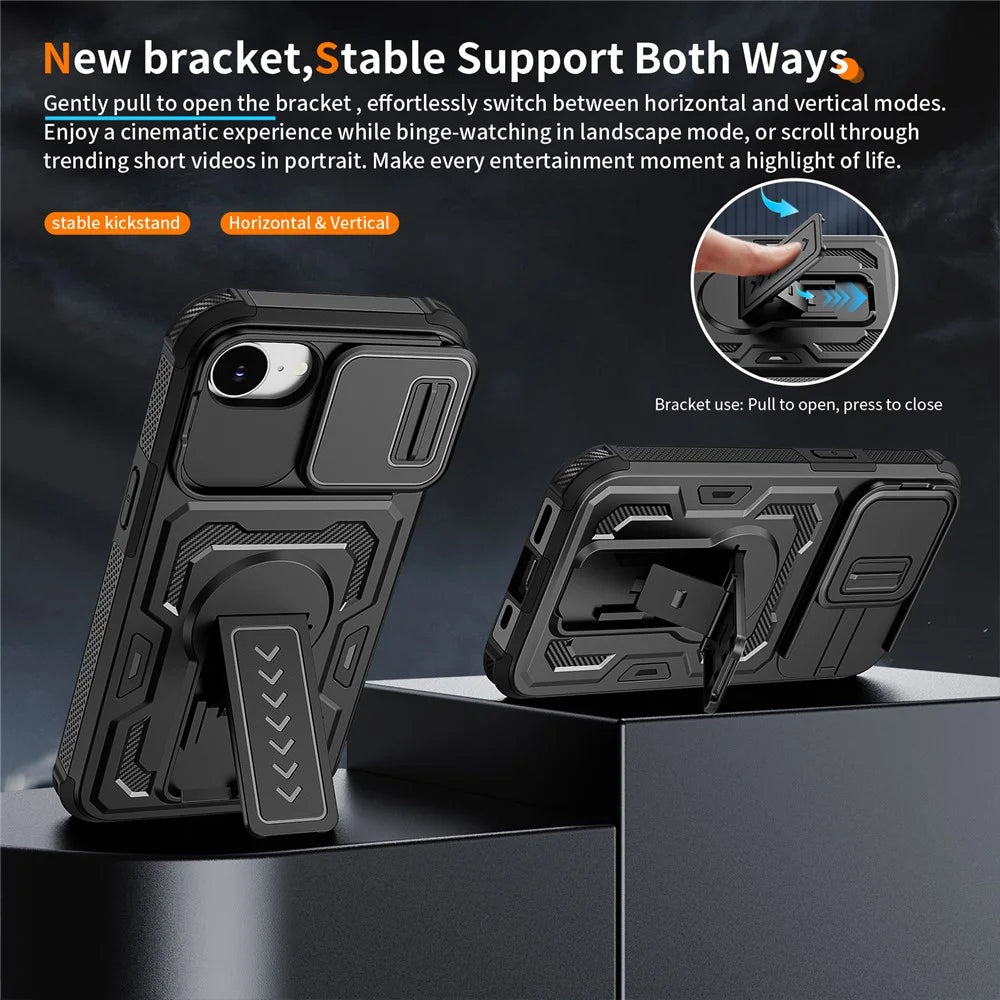 For iPhone 17e / 16e Case Slide Lens Shield PC + TPU Kickstand Phone Cover - Black - 5