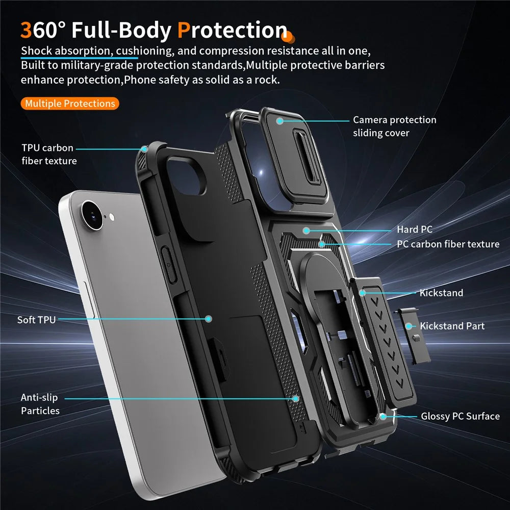 For iPhone 17e / 16e Case Slide Lens Shield PC + TPU Kickstand Phone Cover - Black - 7