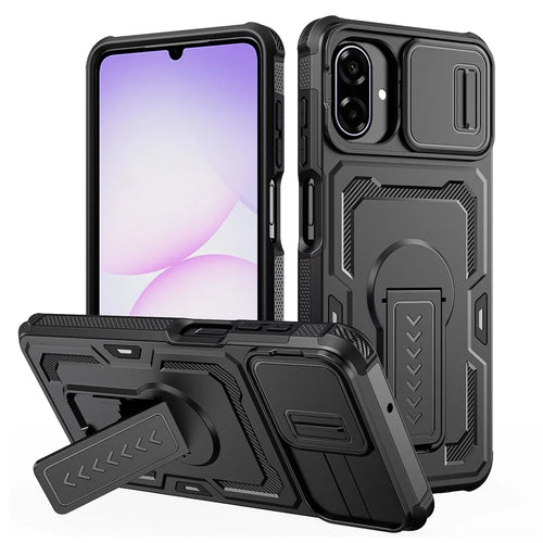 For Samsung Galaxy A08 5G / A08 4G / A07 5G Case Slide Lens Shield PC + TPU Kickstand Phone Cover - Black - 1