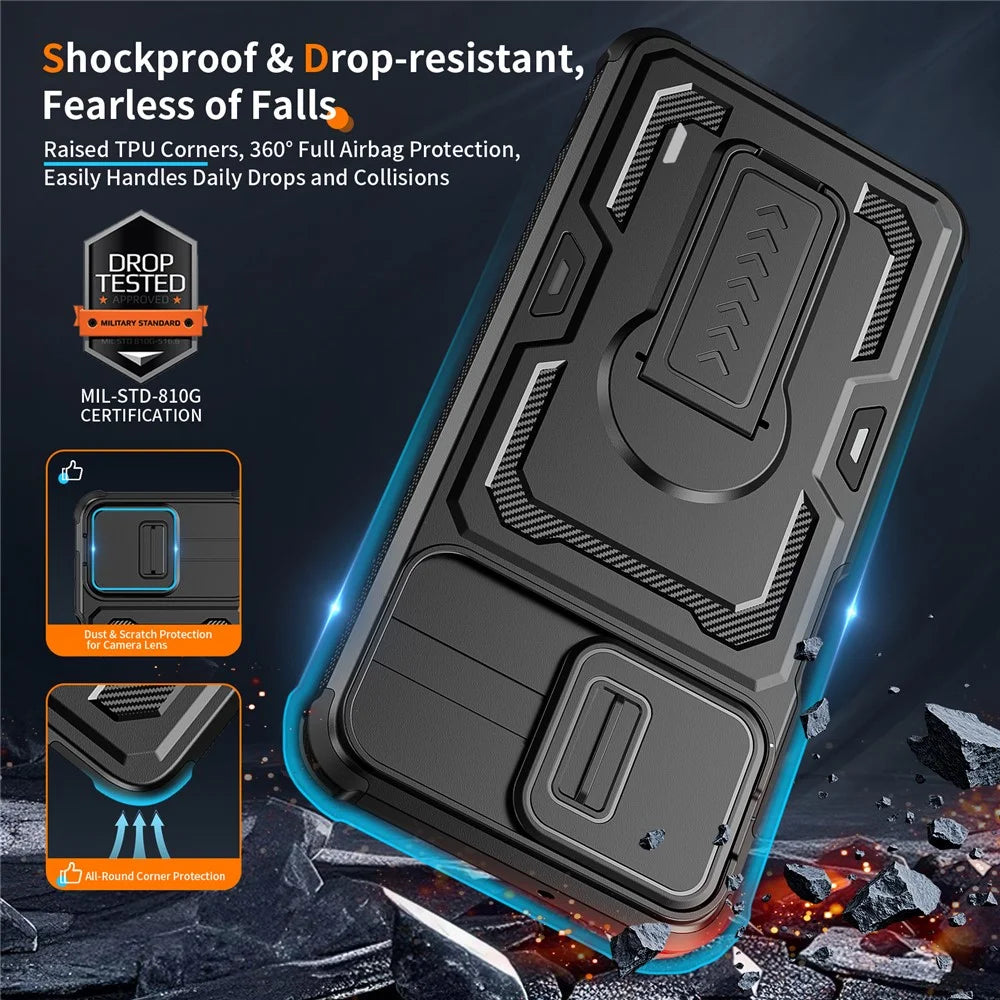 For Samsung Galaxy A08 5G / A08 4G / A07 5G Case Slide Lens Shield PC + TPU Kickstand Phone Cover - Black - 2