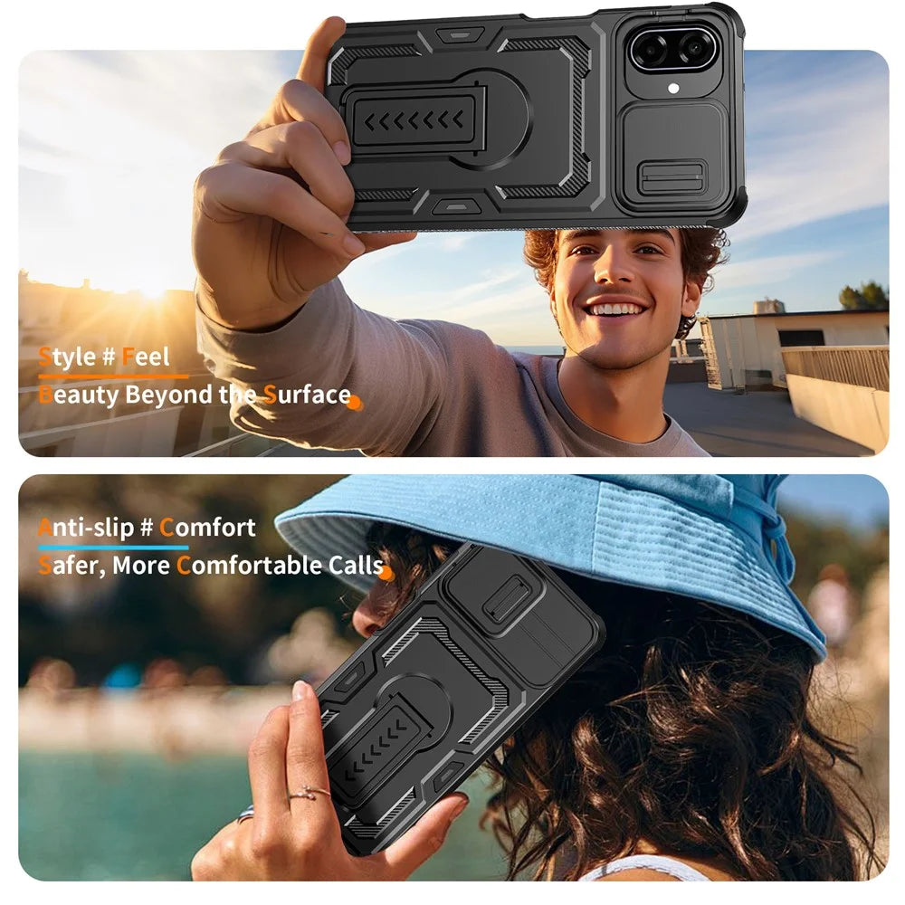 For Samsung Galaxy A08 5G / A08 4G / A07 5G Case Slide Lens Shield PC + TPU Kickstand Phone Cover - Black - 6