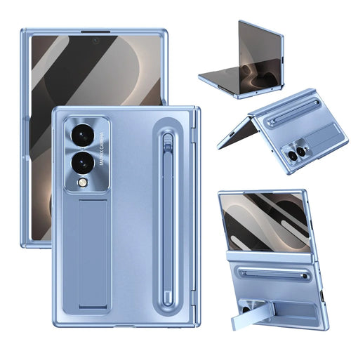 For Samsung Galaxy Z Fold8 Case Kickstand Hinge PC Phone Cover with Tempered Glass Film, Stylus - Blue - 1