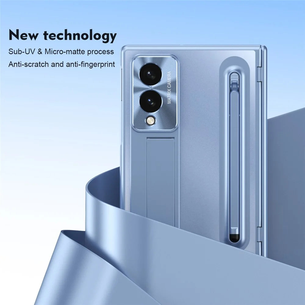 For Samsung Galaxy Z Fold8 Case Kickstand Hinge PC Phone Cover with Tempered Glass Film, Stylus - Blue - 2