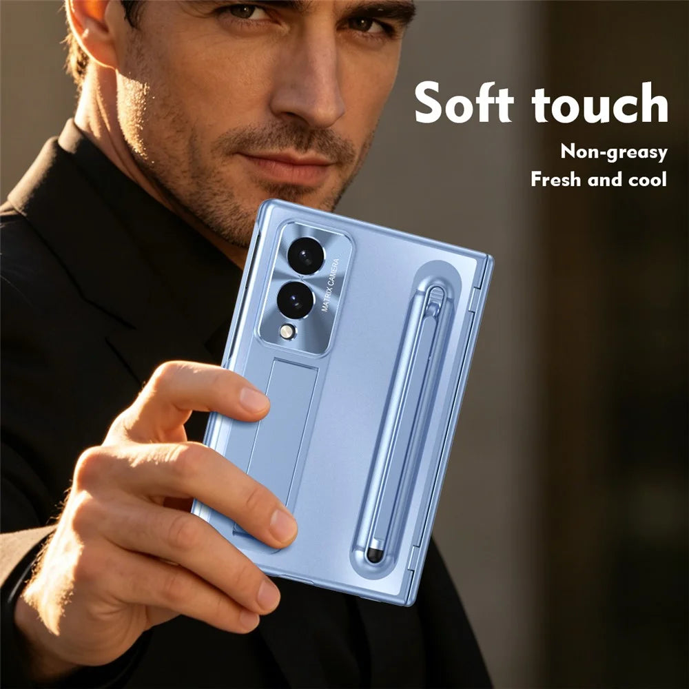 For Samsung Galaxy Z Fold8 Case Kickstand Hinge PC Phone Cover with Tempered Glass Film, Stylus - Blue - 4