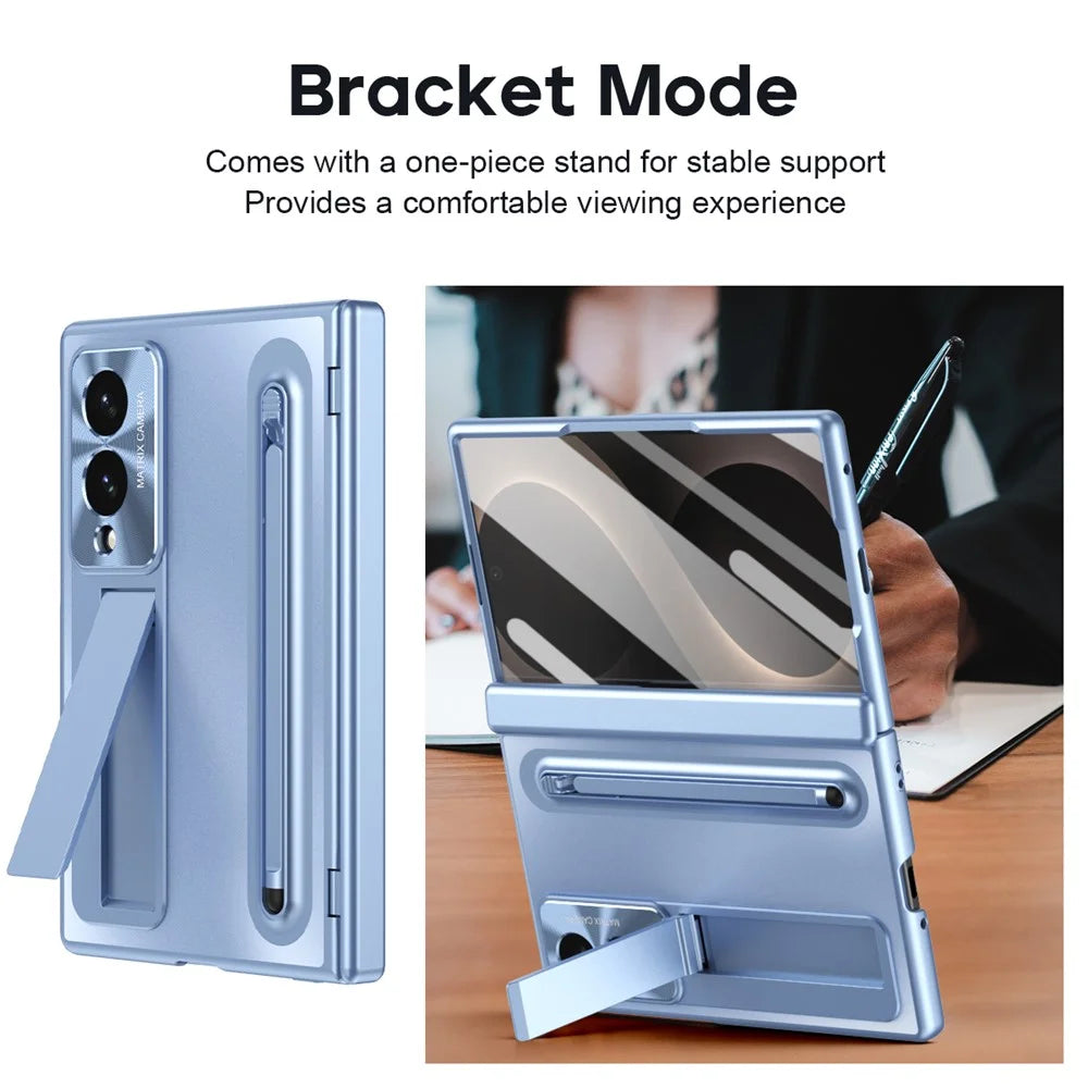 For Samsung Galaxy Z Fold8 Case Kickstand Hinge PC Phone Cover with Tempered Glass Film, Stylus - Blue - 5
