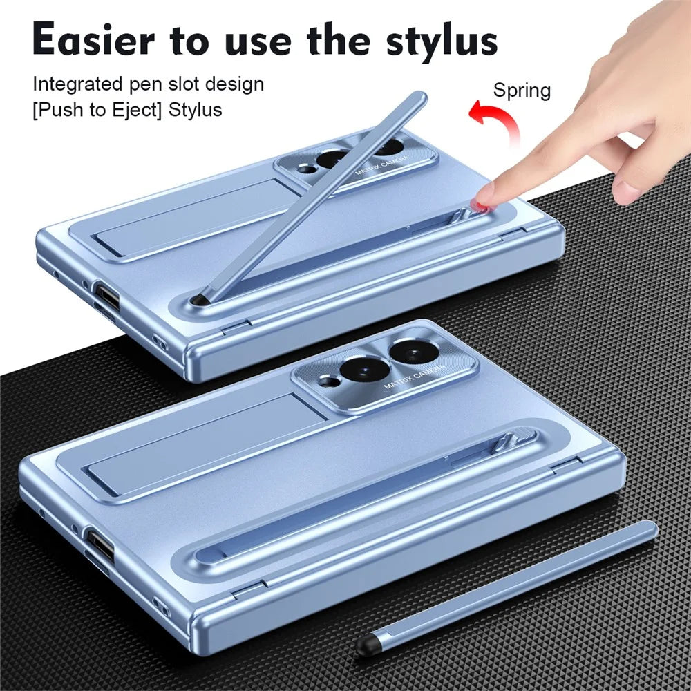 For Samsung Galaxy Z Fold8 Case Kickstand Hinge PC Phone Cover with Tempered Glass Film, Stylus - Blue - 6