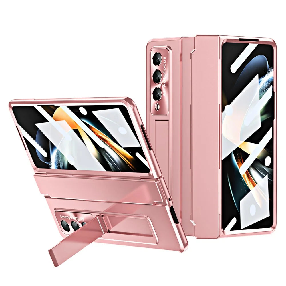 For Samsung Galaxy Z Fold4 5G Folding Phone Cover Kickstand Design PC Case with Lens Film and Screen Film - Pink - 1