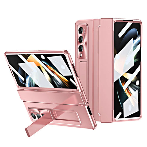 For Samsung Galaxy Z Fold4 5G Folding Phone Cover Kickstand Design PC Case with Lens Film and Screen Film - Pink - 1