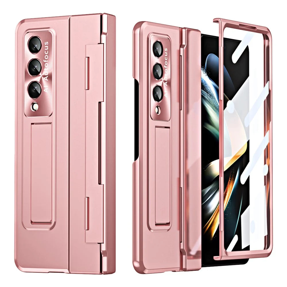 For Samsung Galaxy Z Fold4 5G Folding Phone Cover Kickstand Design PC Case with Lens Film and Screen Film - Pink - 2