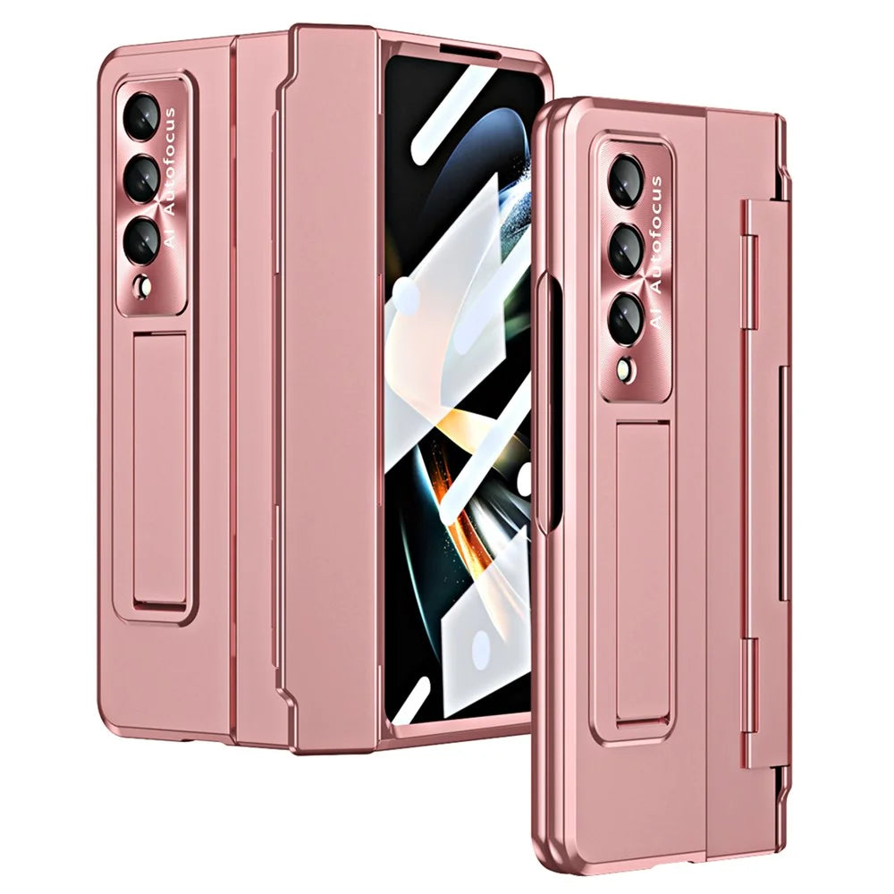 For Samsung Galaxy Z Fold4 5G Folding Phone Cover Kickstand Design PC Case with Lens Film and Screen Film - Pink - 3