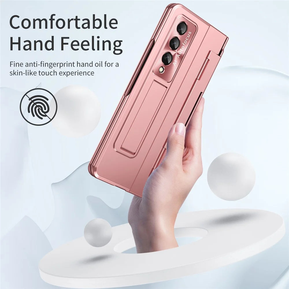 For Samsung Galaxy Z Fold4 5G Folding Phone Cover Kickstand Design PC Case with Lens Film and Screen Film - Pink - 4
