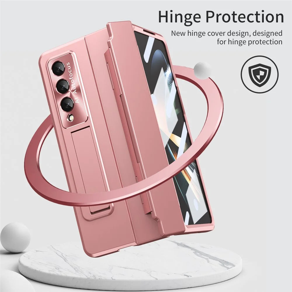 For Samsung Galaxy Z Fold4 5G Folding Phone Cover Kickstand Design PC Case with Lens Film and Screen Film - Pink - 5