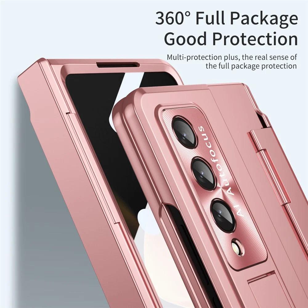 For Samsung Galaxy Z Fold4 5G Folding Phone Cover Kickstand Design PC Case with Lens Film and Screen Film - Pink - 6