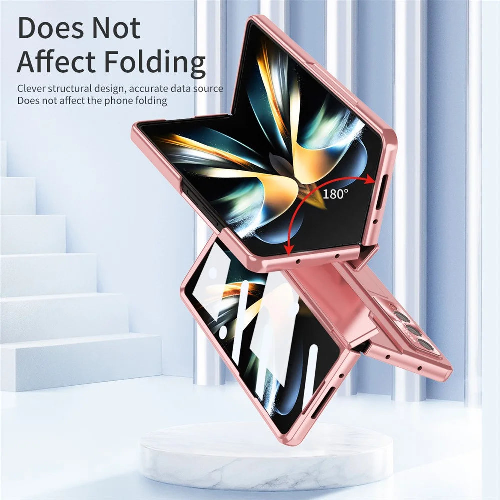 For Samsung Galaxy Z Fold4 5G Folding Phone Cover Kickstand Design PC Case with Lens Film and Screen Film - Pink - 7