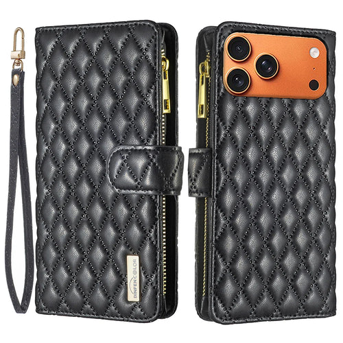 BINFEN COLOR for iPhone 18 Pro Max / 17 Pro Max BF Style-15 Leather Case Zipper Pocket Rhombus Phone Cover - Black - 1