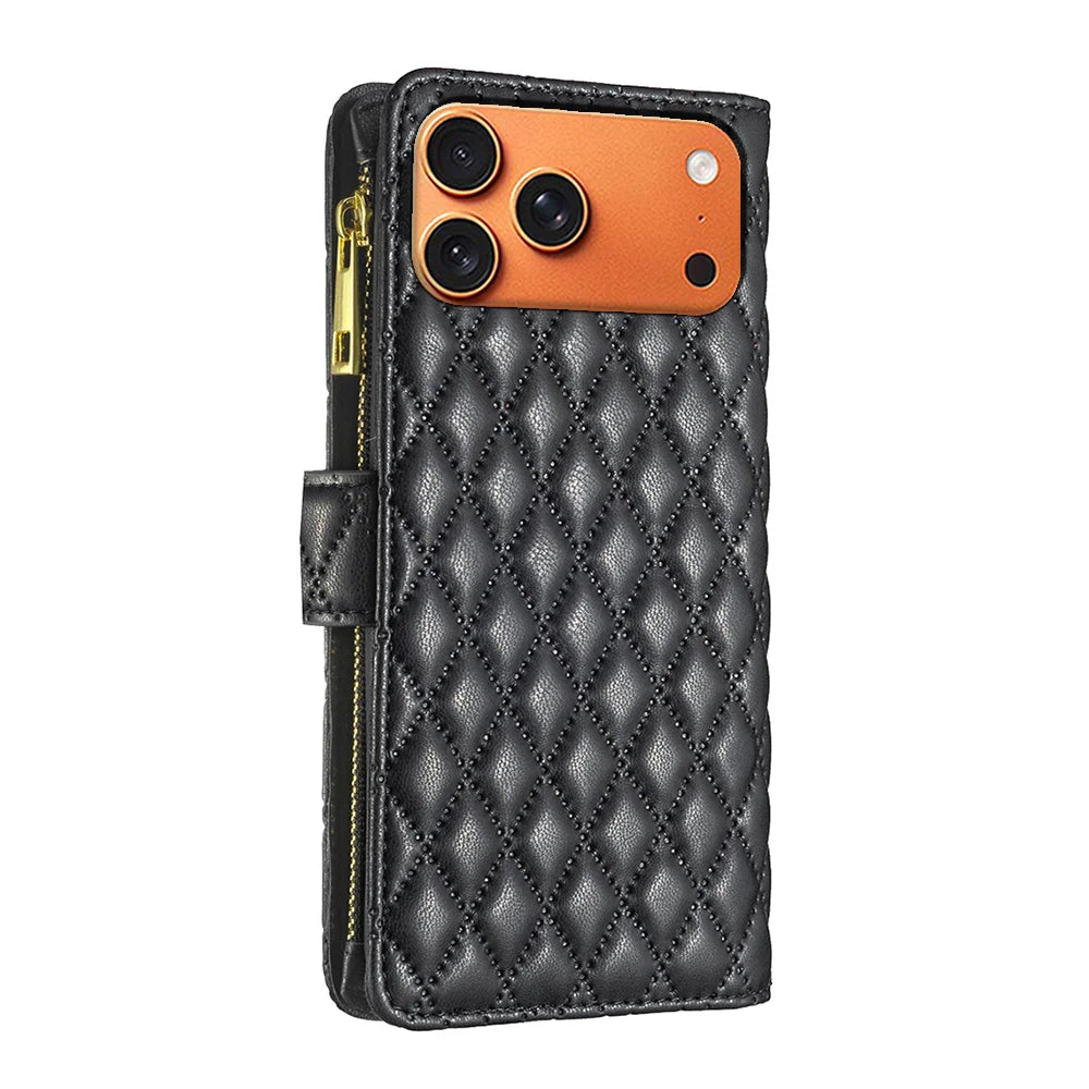BINFEN COLOR for iPhone 18 Pro Max / 17 Pro Max BF Style-15 Leather Case Zipper Pocket Rhombus Phone Cover - Black - 6