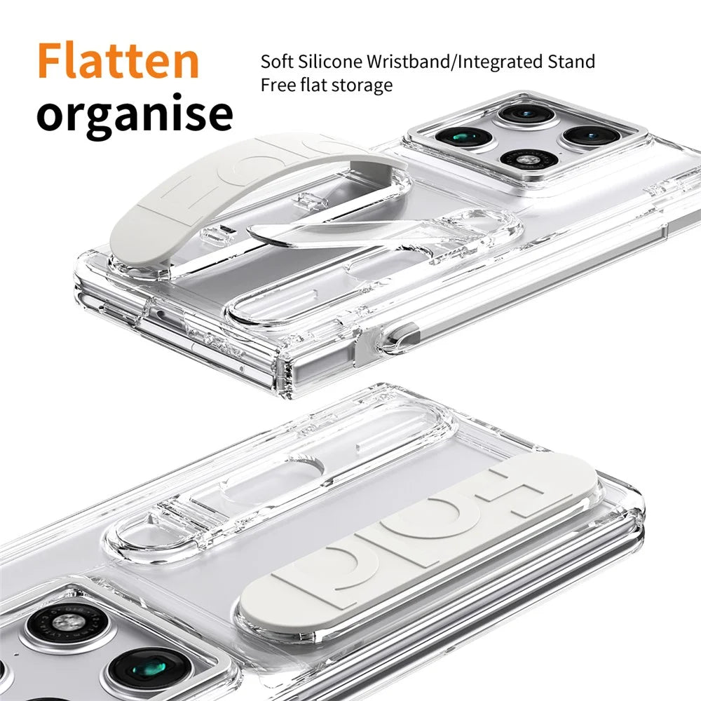 For Motorola Razr Fold 5G Case Kickstand Wristband Hard PC Phone Cover with Tempered Glass Film / Stylus - Transparent - 5
