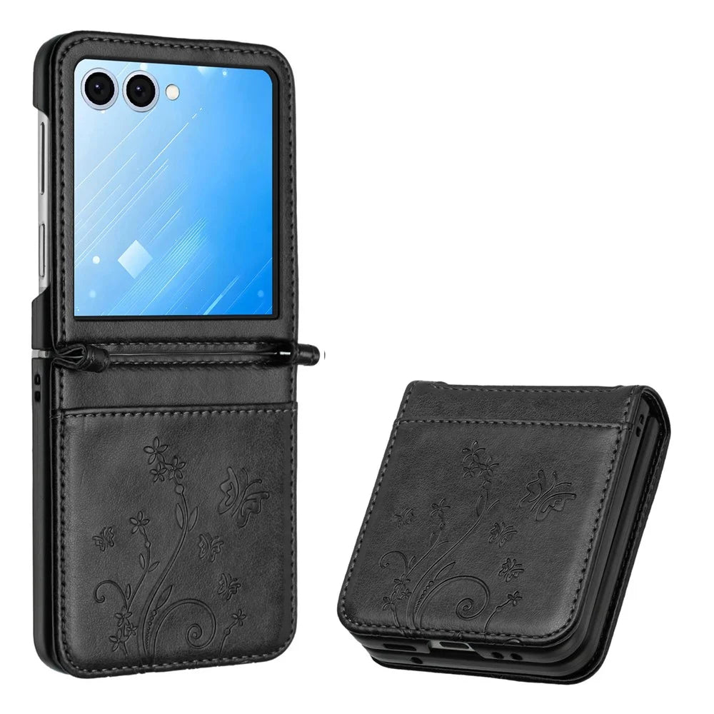 For Samsung Galaxy Z Flip8 Case Butterfly Flower Imprinted Leather Phone Cover with Wrist Strap - Black - 1