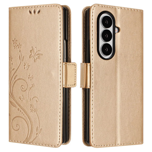 For Samsung Galaxy Z Fold8 Ultra Leather Wallet Case Butterfly Flower Imprinted Phone Cover with Strap - Gold - 1