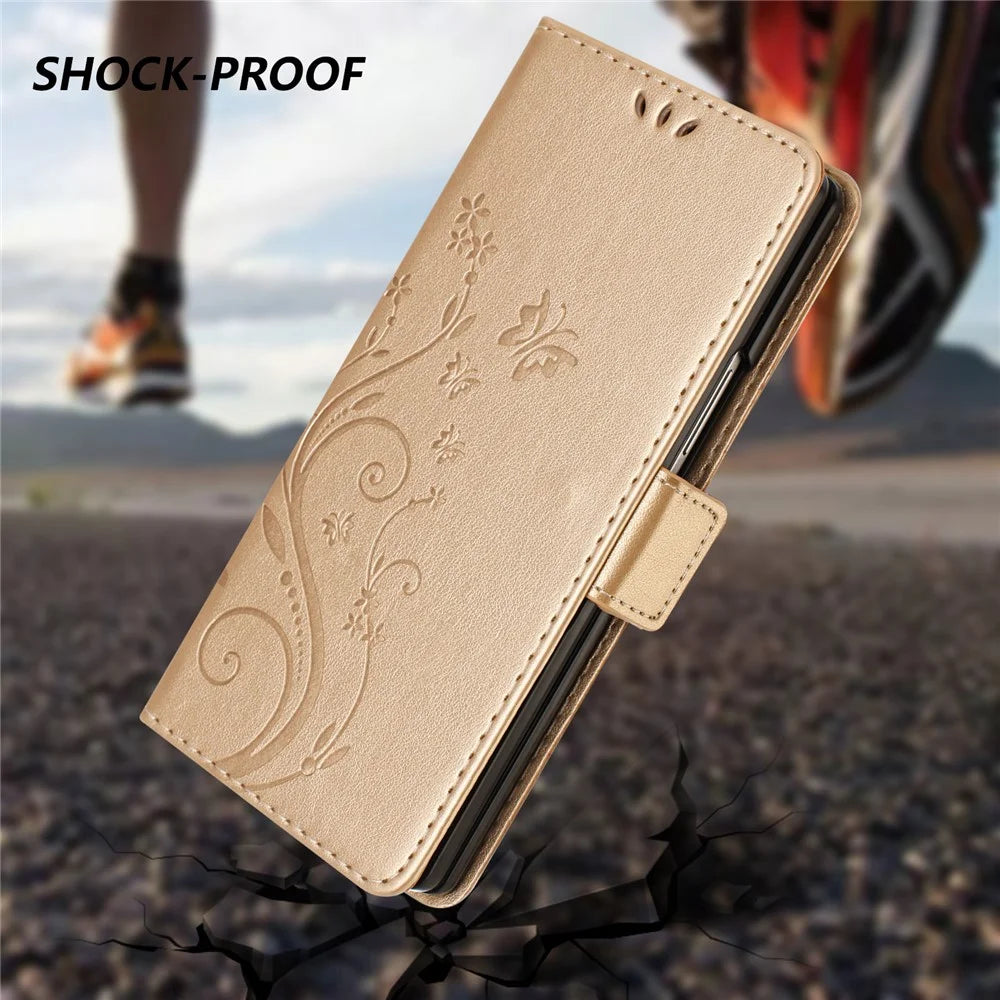 For Samsung Galaxy Z Fold8 Ultra Leather Wallet Case Butterfly Flower Imprinted Phone Cover with Strap - Gold - 5