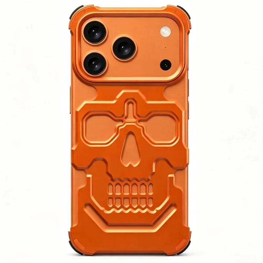 For iPhone 17 Pro Case Skull Armor Design Drop Protection Aluminum Alloy Hard Shell Cover - Orange - 1