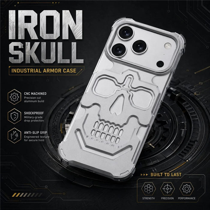 For iPhone 17 Pro Case Skull Armor Design Drop Protection Aluminum Alloy Hard Shell Cover - Orange - 3