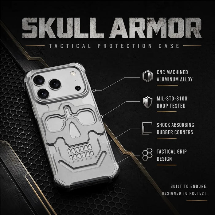 For iPhone 17 Pro Case Skull Armor Design Drop Protection Aluminum Alloy Hard Shell Cover - Orange - 5