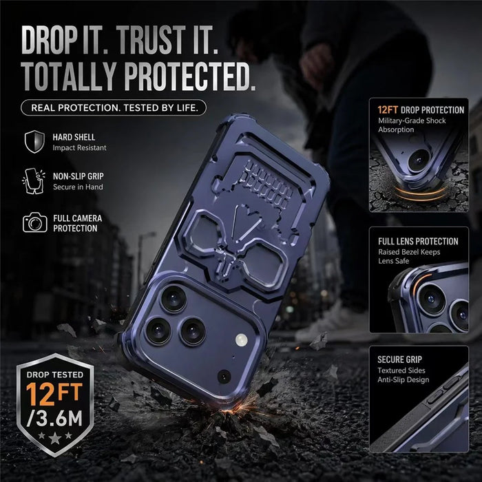 For iPhone 17 Pro Case Skull Armor Design Drop Protection Aluminum Alloy Hard Shell Cover - Orange - 7