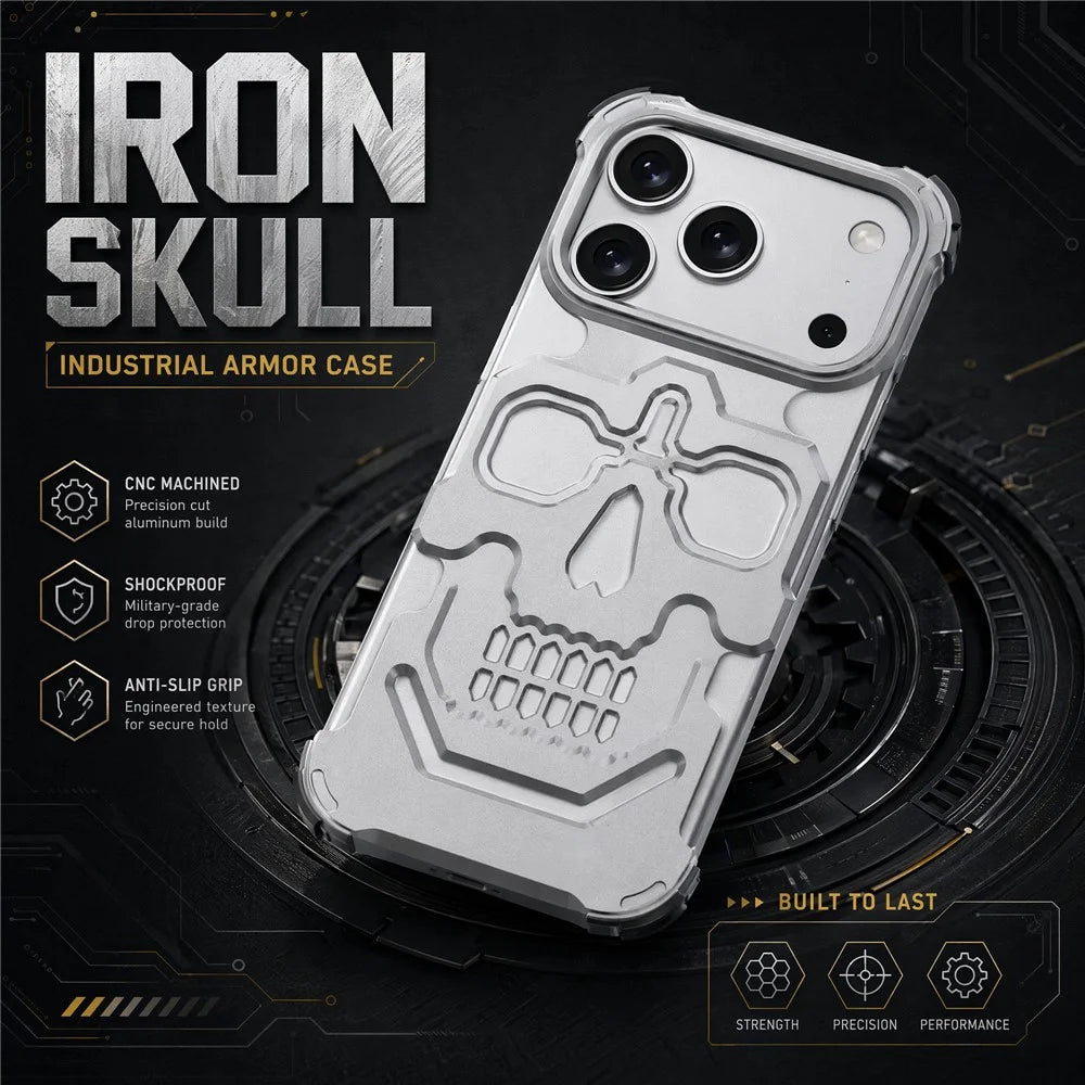 For iPhone 17 Pro Max Case Skull Armor Design Drop Protection Aluminum Alloy Hard Shell Cover - Orange - 3