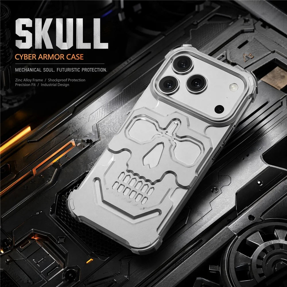 For iPhone 17 Pro Max Case Skull Armor Design Drop Protection Aluminum Alloy Hard Shell Cover - Orange - 4