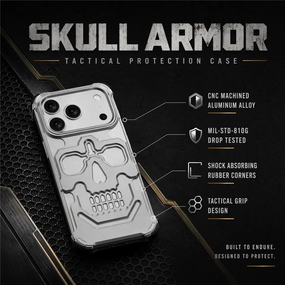 For iPhone 17 Pro Max Case Skull Armor Design Drop Protection Aluminum Alloy Hard Shell Cover - Orange - 5