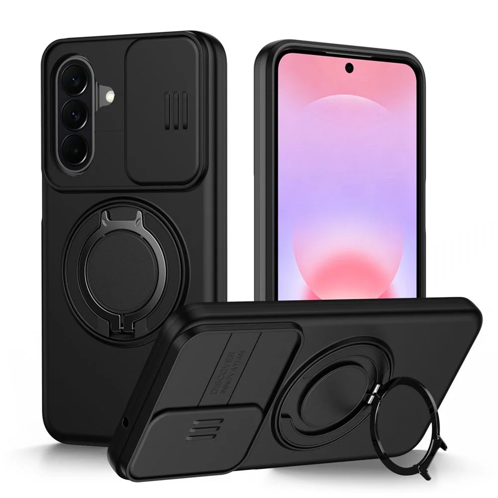 For Samsung Galaxy A27 5G Case Magnetic Case Ring Kickstand Slide Camera Cover TPU PC Hybrid Phone Shell - Black - 1