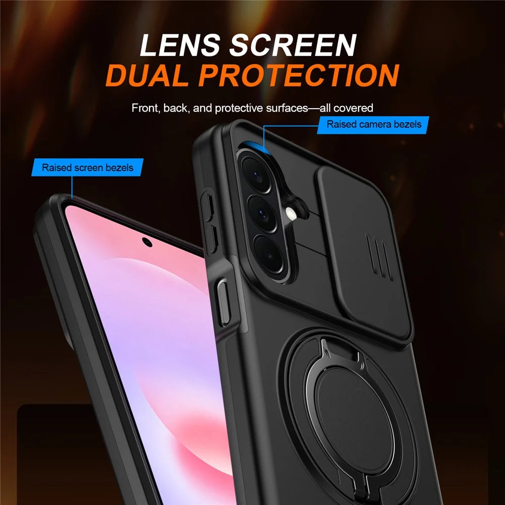 For Samsung Galaxy A27 5G Case Magnetic Case Ring Kickstand Slide Camera Cover TPU PC Hybrid Phone Shell - Black - 3