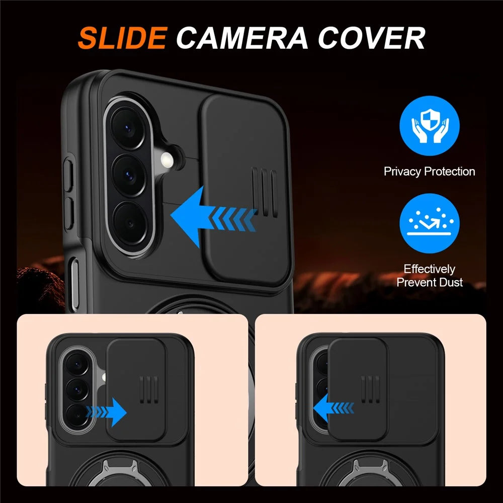 For Samsung Galaxy A27 5G Case Magnetic Case Ring Kickstand Slide Camera Cover TPU PC Hybrid Phone Shell - Black - 4