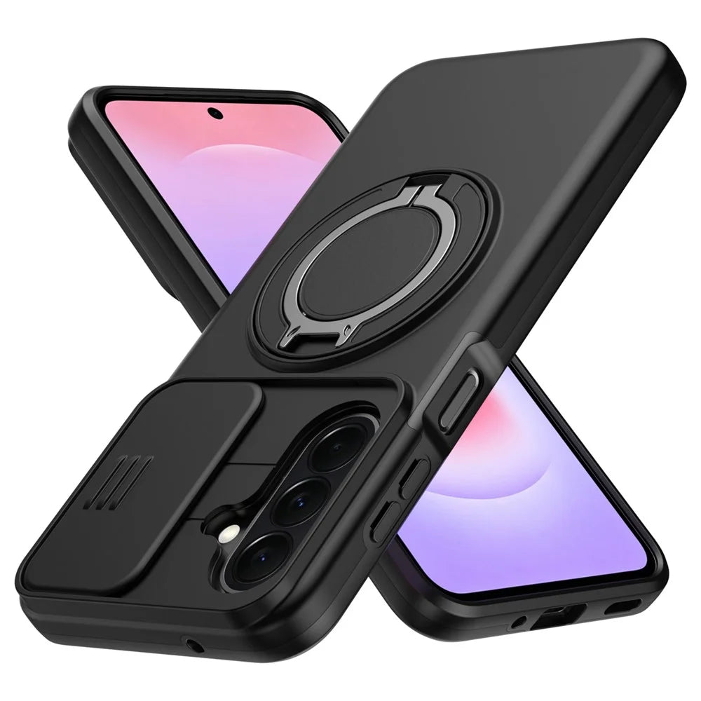 For Samsung Galaxy A27 5G Case Magnetic Case Ring Kickstand Slide Camera Cover TPU PC Hybrid Phone Shell - Black - 5