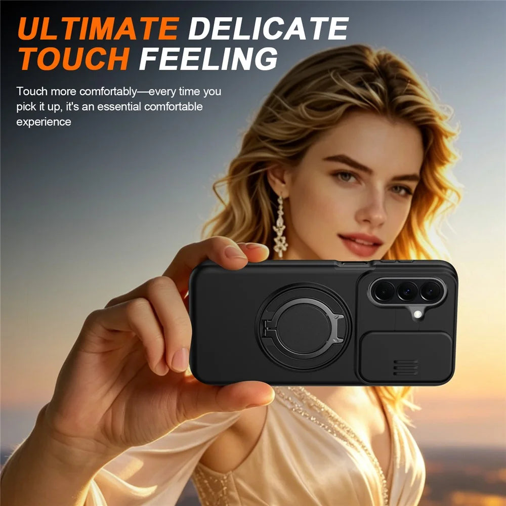 For Samsung Galaxy A27 5G Case Magnetic Case Ring Kickstand Slide Camera Cover TPU PC Hybrid Phone Shell - Black - 6