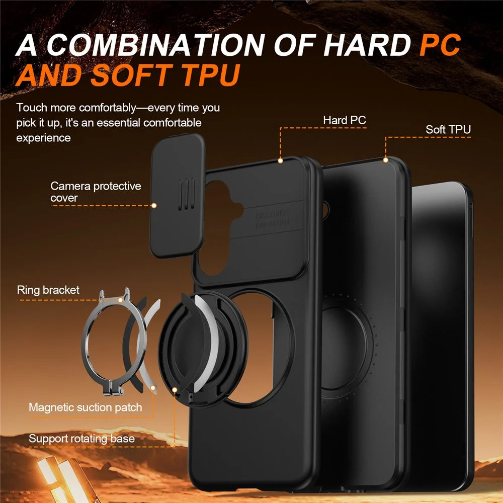 For Samsung Galaxy A27 5G Case Magnetic Case Ring Kickstand Slide Camera Cover TPU PC Hybrid Phone Shell - Black - 7