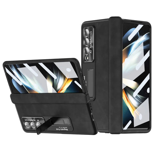 For Samsung Galaxy Z Fold4 5G Magnetic Hinge Kickstand Phone Case Nappa Texture PU Leather Coated PC Anti-Drop Cover with Tempered Glass Screen Film - Black - 1