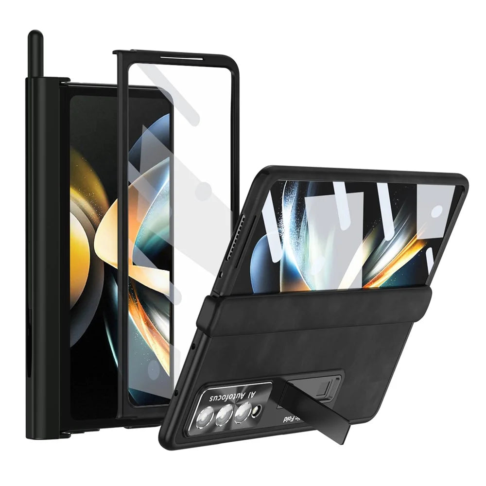 For Samsung Galaxy Z Fold4 5G Magnetic Hinge Kickstand Phone Case Nappa Texture PU Leather Coated PC Anti-Drop Cover with Tempered Glass Screen Film - Black - 2