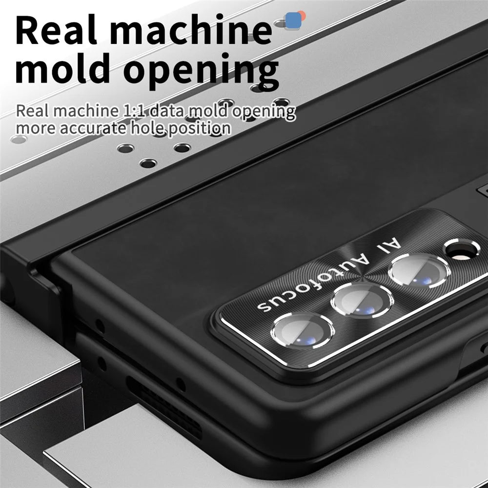 For Samsung Galaxy Z Fold4 5G Magnetic Hinge Kickstand Phone Case Nappa Texture PU Leather Coated PC Anti-Drop Cover with Tempered Glass Screen Film - Black - 3