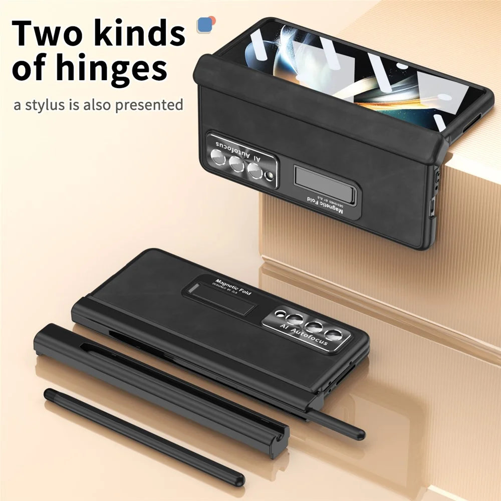 For Samsung Galaxy Z Fold4 5G Magnetic Hinge Kickstand Phone Case Nappa Texture PU Leather Coated PC Anti-Drop Cover with Tempered Glass Screen Film - Black - 4